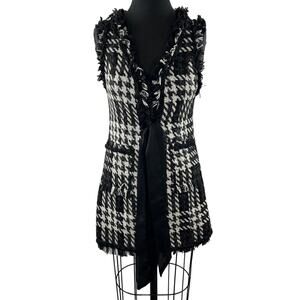 GRACIA Black White Plaid Sleeveless Fringe Trim Self Tie Vest w/ Pockets Size M